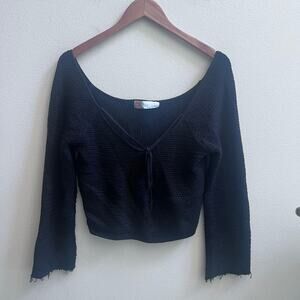 FREE PEOPLE Beach Crochet Knit Crop Tops Long Sleeve Black Women's Size L